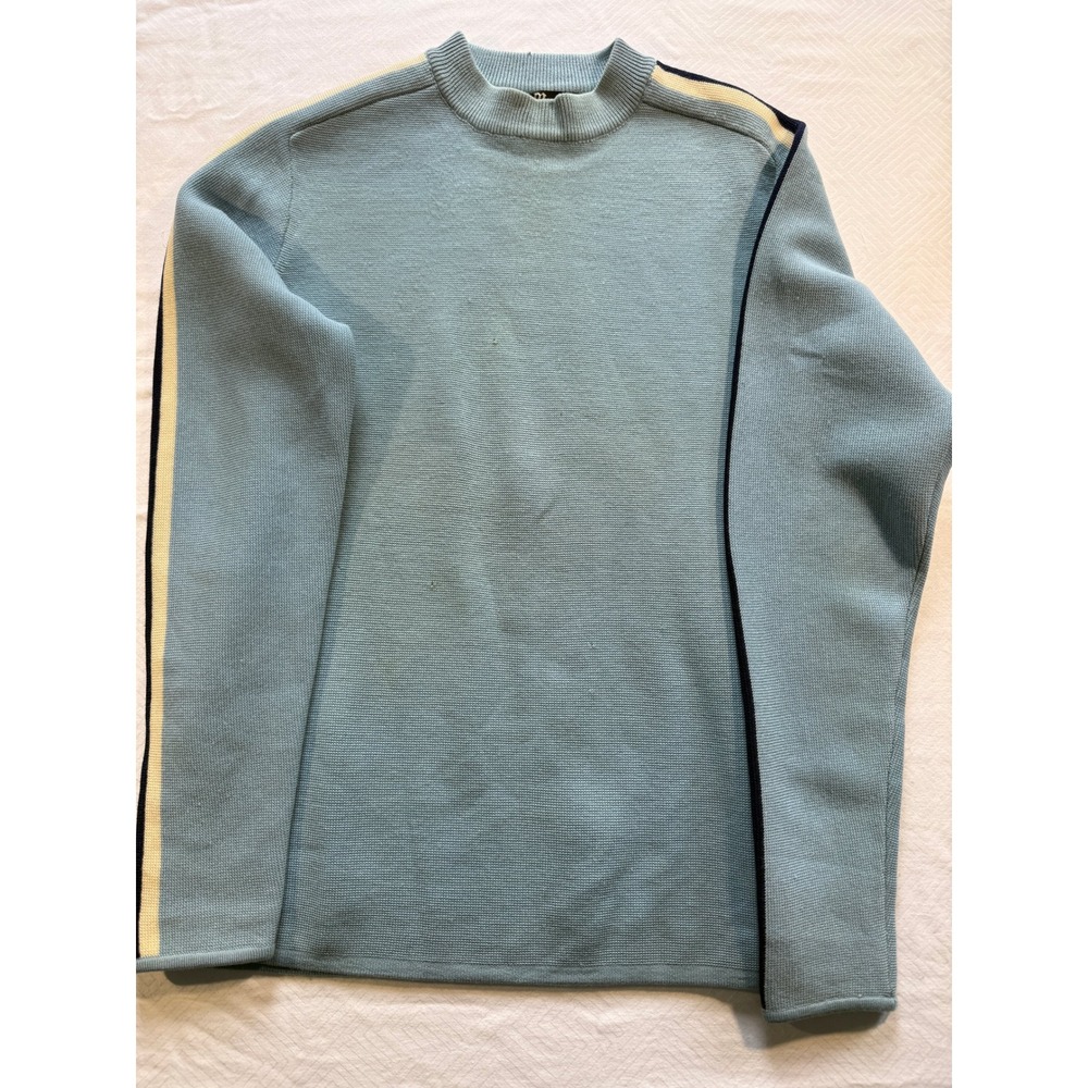 Vintage Mr. B. Fashions 100% Wool Mock Neck Sweater Blue Racing Stripe Hong Kong